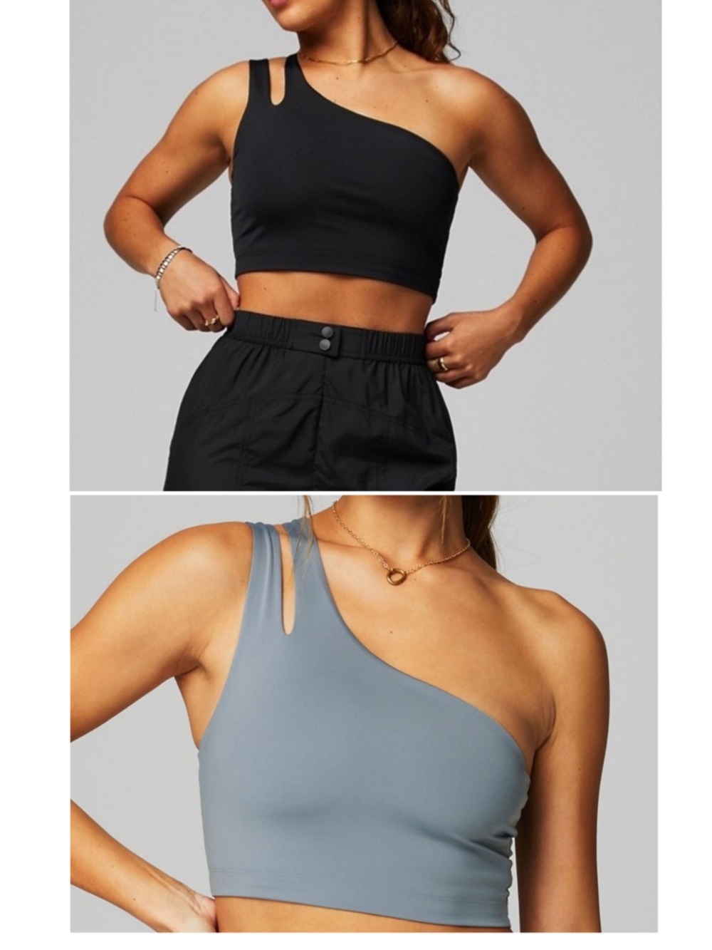 Large NWOT Fabletics One Shoulder Sports Bra Bundle Black Gray Athleisure Crop